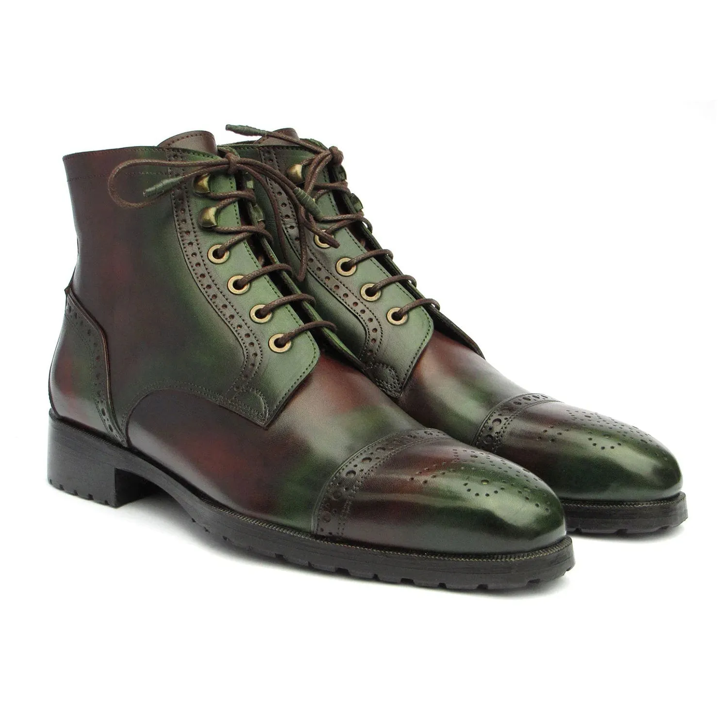 Paul Parkman BT9566-BRG Men's Shoes Green & Brown Calf-Skin Leather Cap-Toe Boots (PM6414)