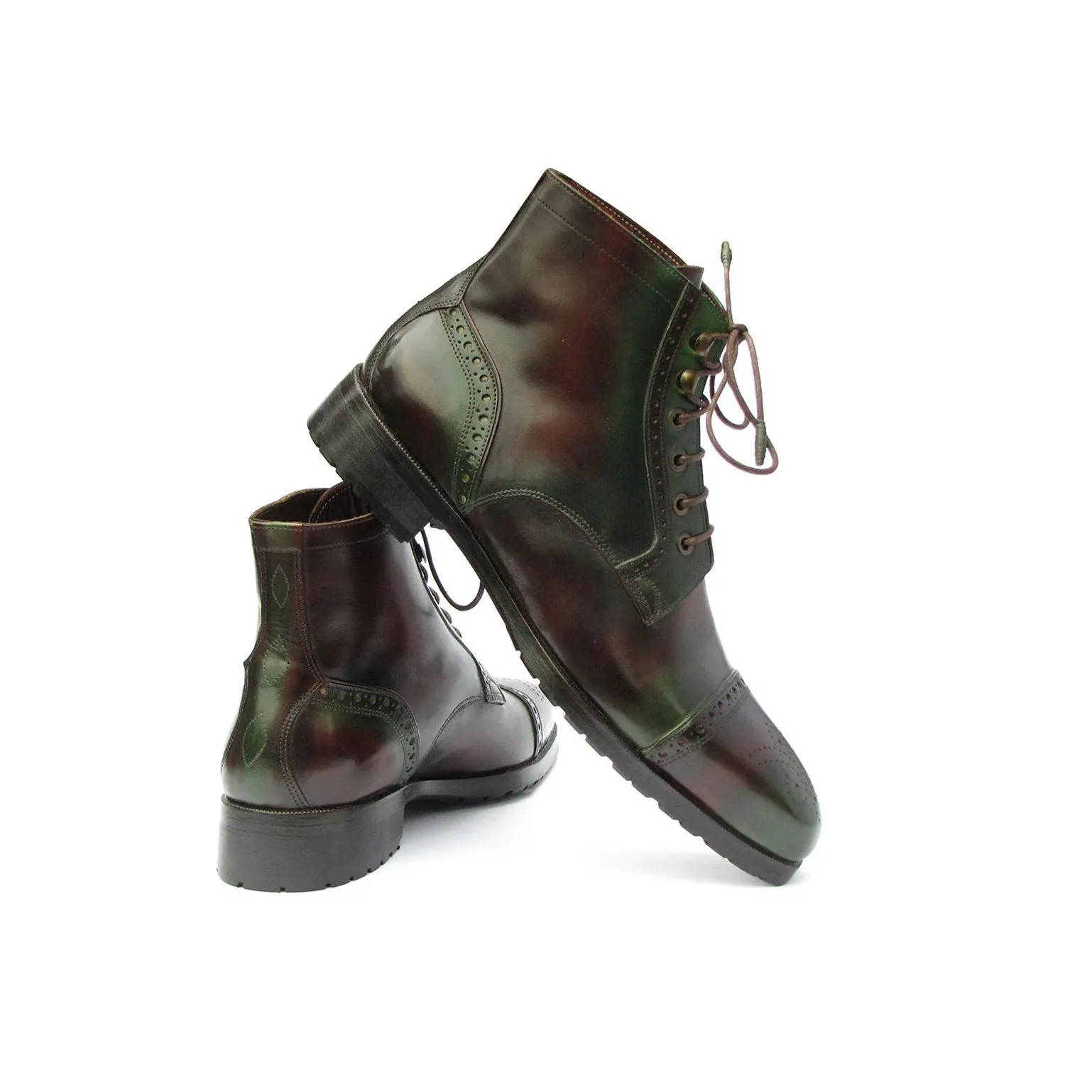 Paul Parkman BT9566-BRG Men's Shoes Green & Brown Calf-Skin Leather Cap-Toe Boots (PM6414)