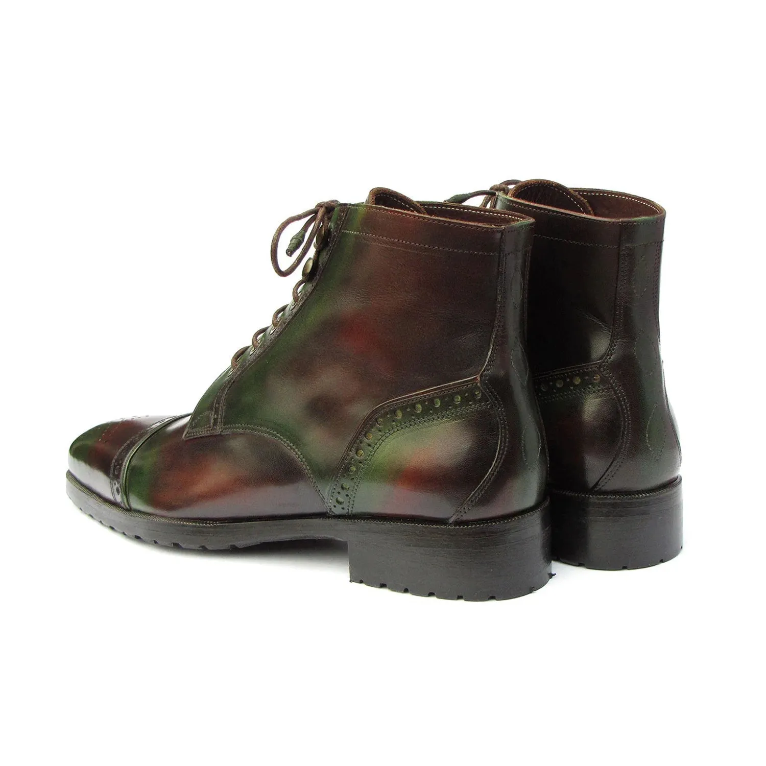 Paul Parkman BT9566-BRG Men's Shoes Green & Brown Calf-Skin Leather Cap-Toe Boots (PM6414)