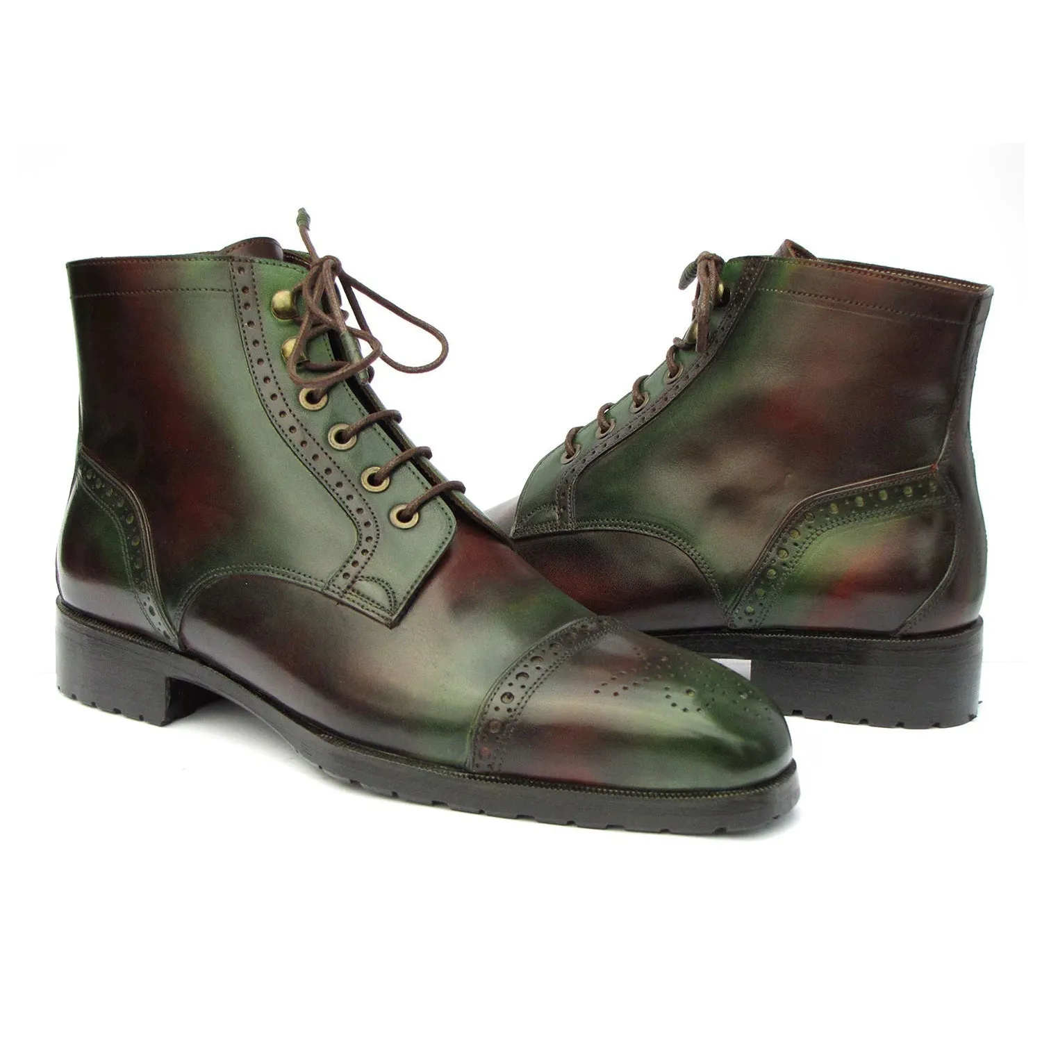 Paul Parkman BT9566-BRG Men's Shoes Green & Brown Calf-Skin Leather Cap-Toe Boots (PM6414)