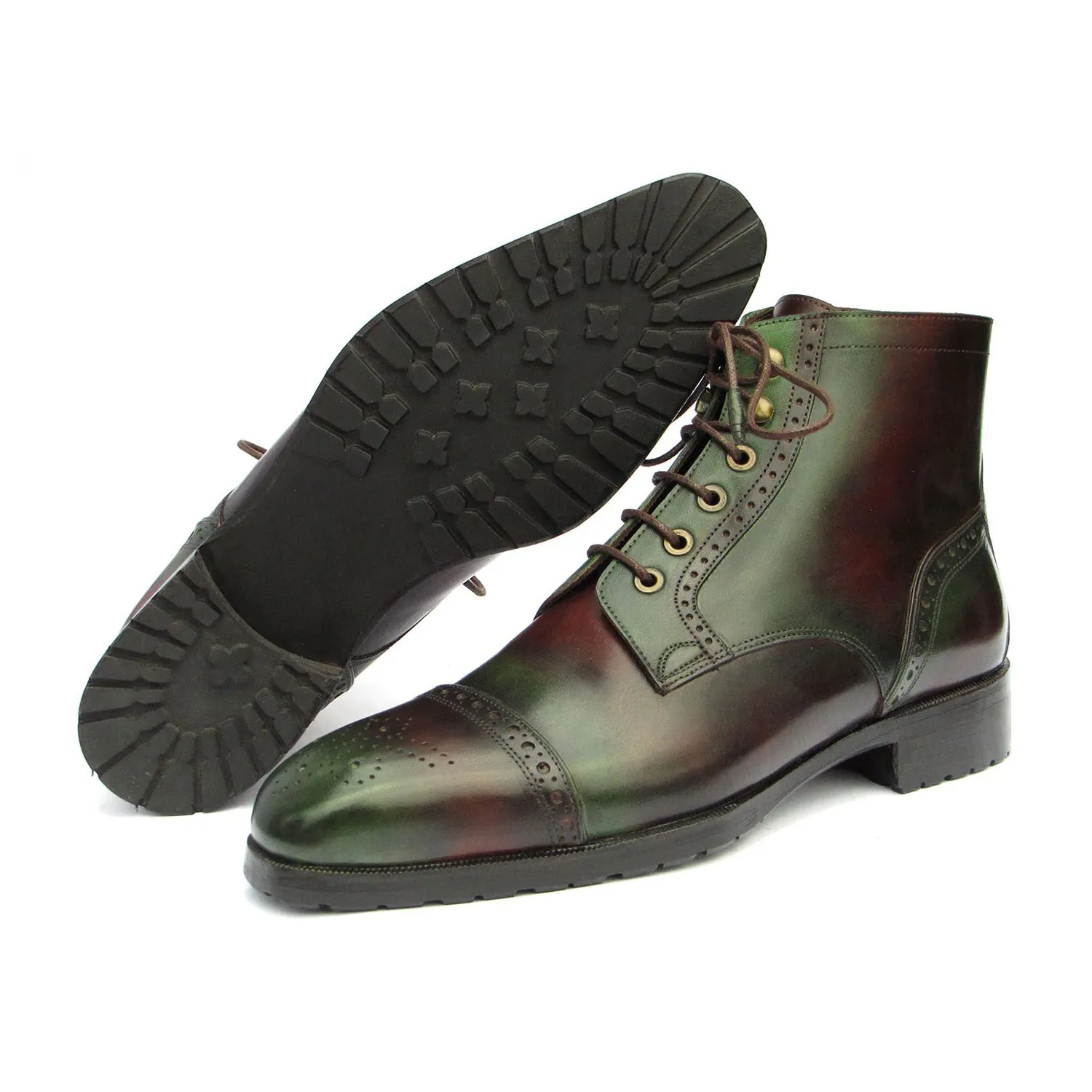 Paul Parkman BT9566-BRG Men's Shoes Green & Brown Calf-Skin Leather Cap-Toe Boots (PM6414)