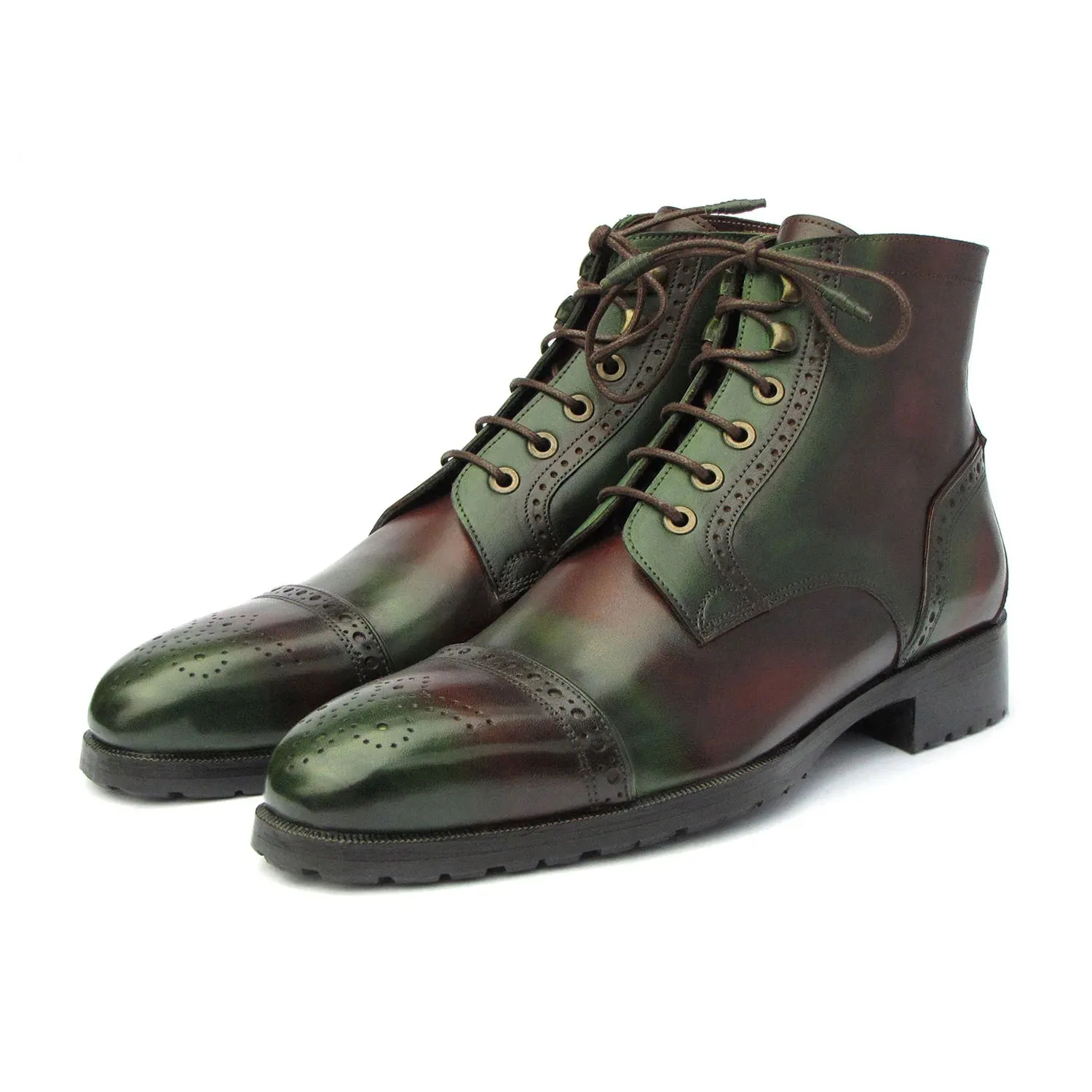 Paul Parkman BT9566-BRG Men's Shoes Green & Brown Calf-Skin Leather Cap-Toe Boots (PM6414)