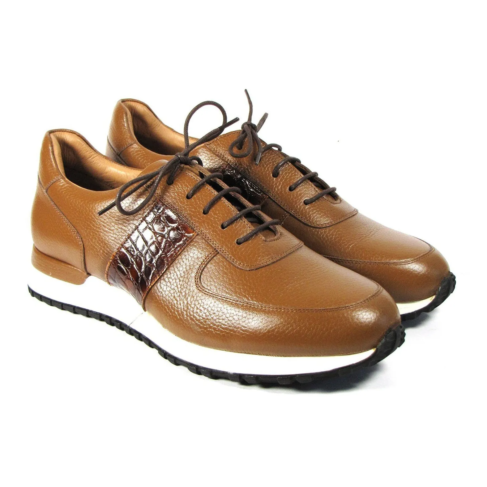 Paul Parkman LP206CGN Men's Shoes Cognac Crocodile Print / Calf-Skin Leather Casual Sneakers (PM6319)