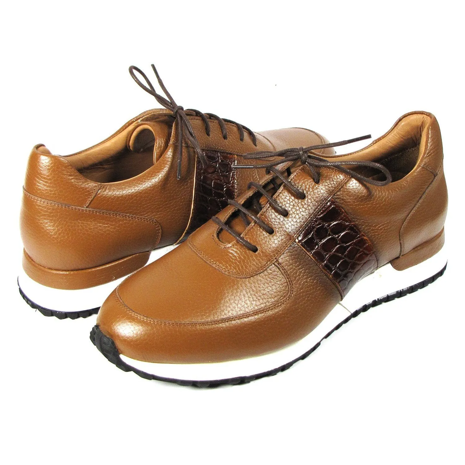 Paul Parkman LP206CGN Men's Shoes Cognac Crocodile Print / Calf-Skin Leather Casual Sneakers (PM6319)