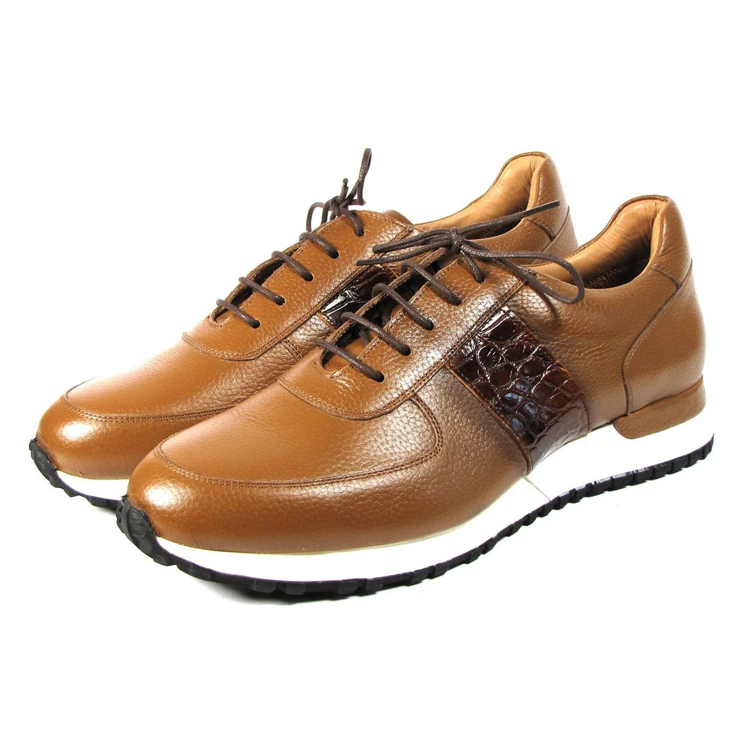 Paul Parkman LP206CGN Men's Shoes Cognac Crocodile Print / Calf-Skin Leather Casual Sneakers (PM6319)