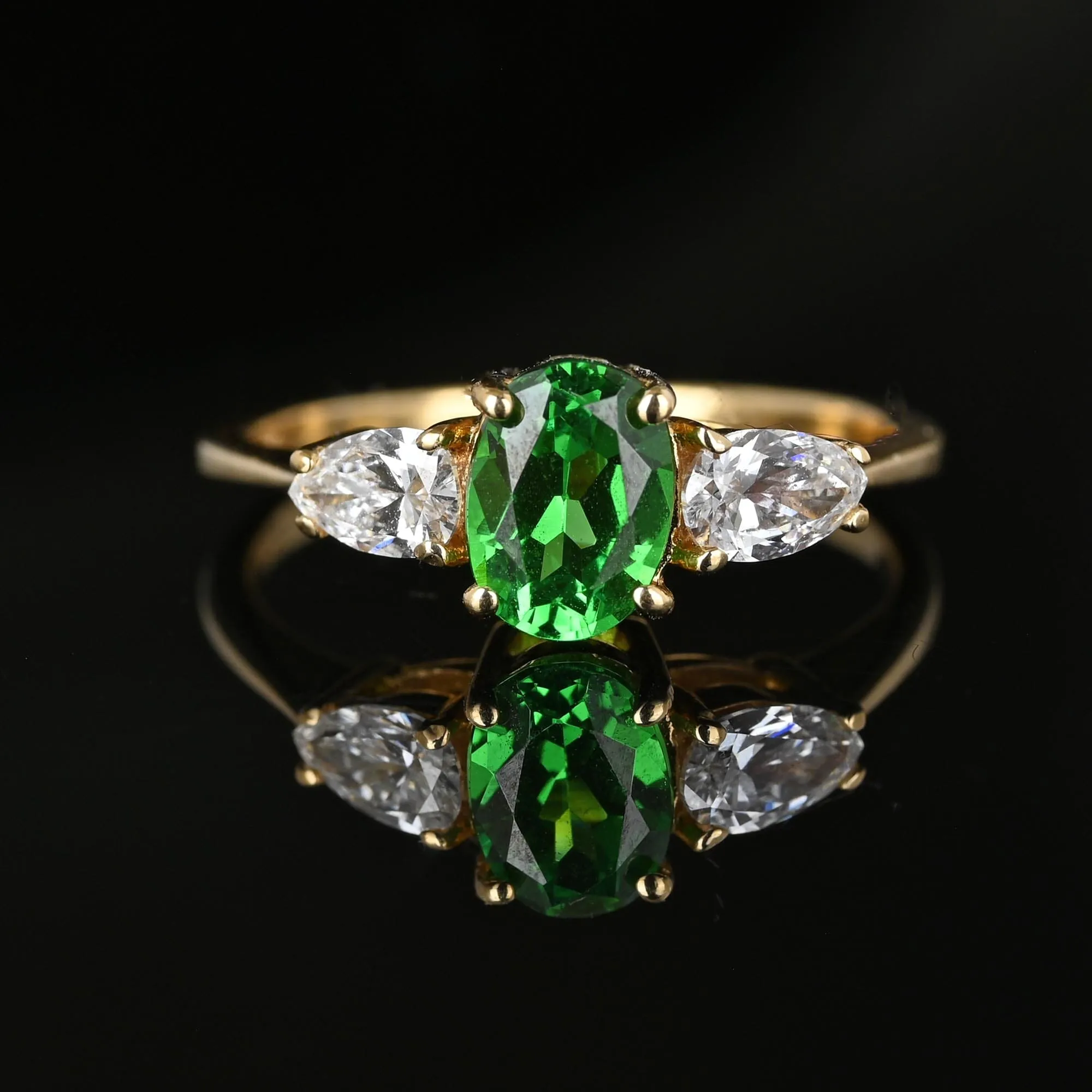 Pear Moissanite Tsavorite Green Garnet Ring in 14K Gold