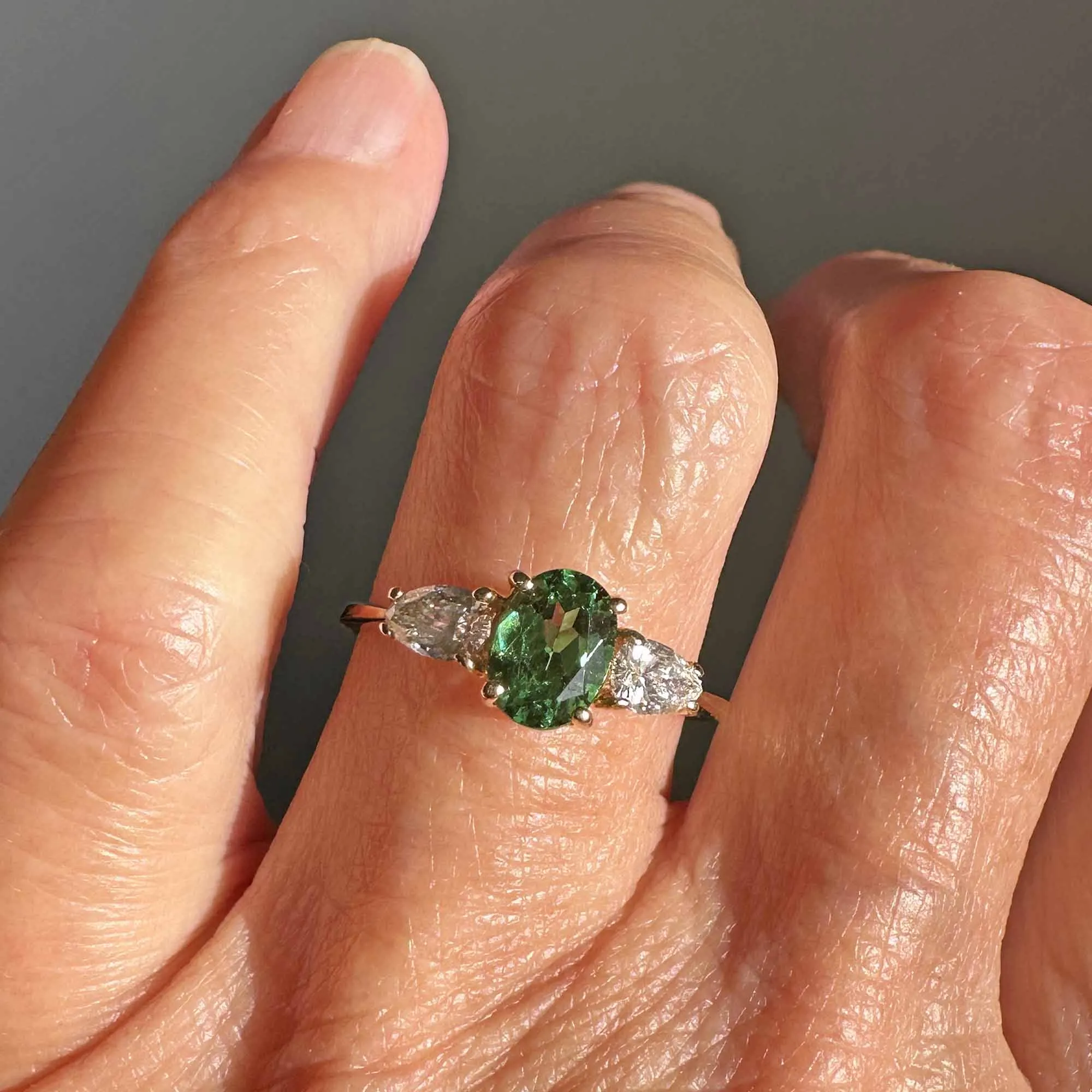 Pear Moissanite Tsavorite Green Garnet Ring in 14K Gold