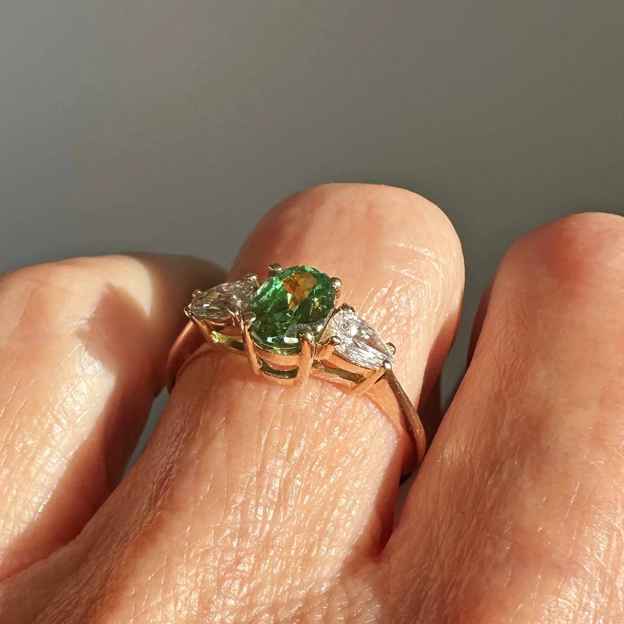 Pear Moissanite Tsavorite Green Garnet Ring in 14K Gold