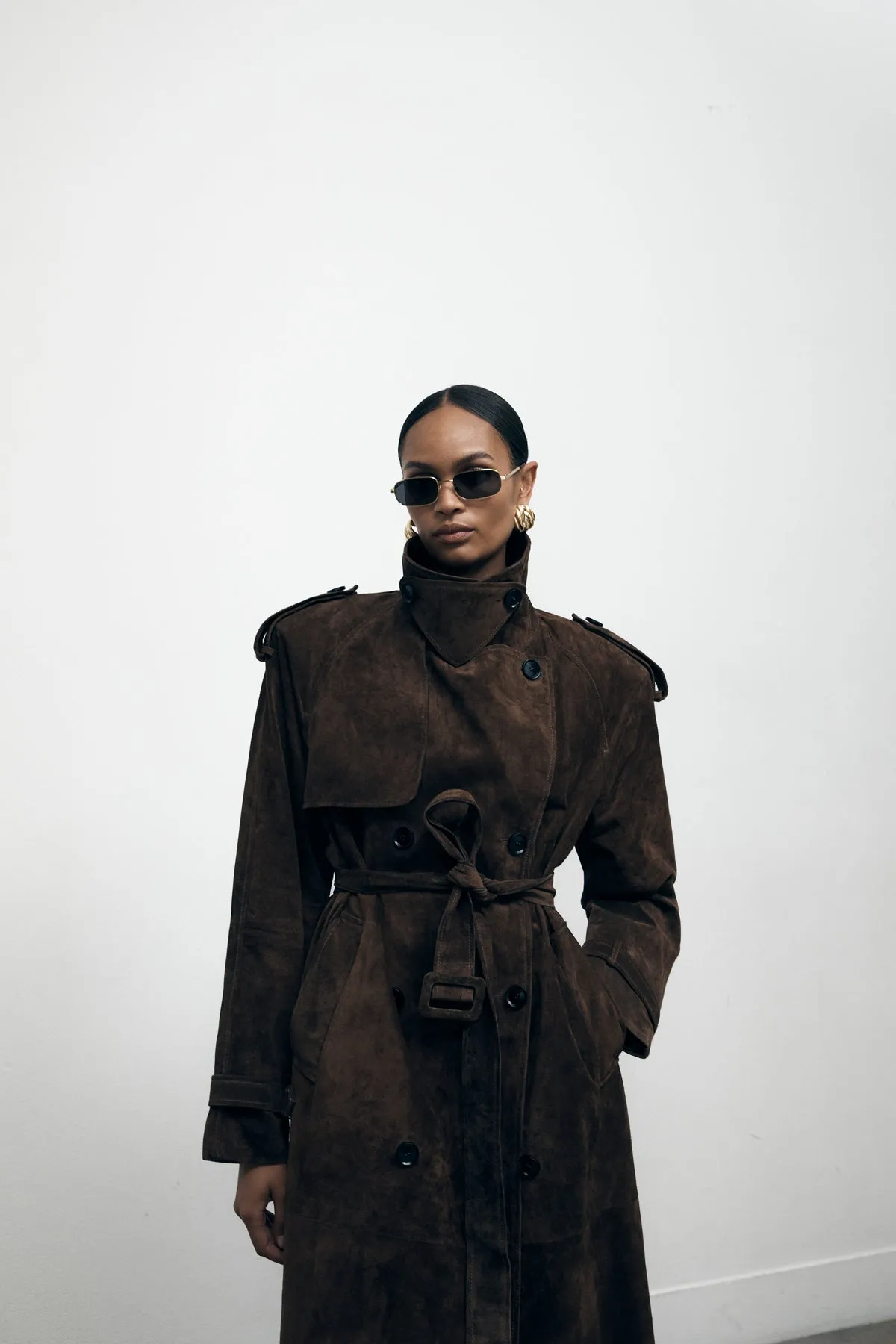 Petite Brown Suede Trench Coat