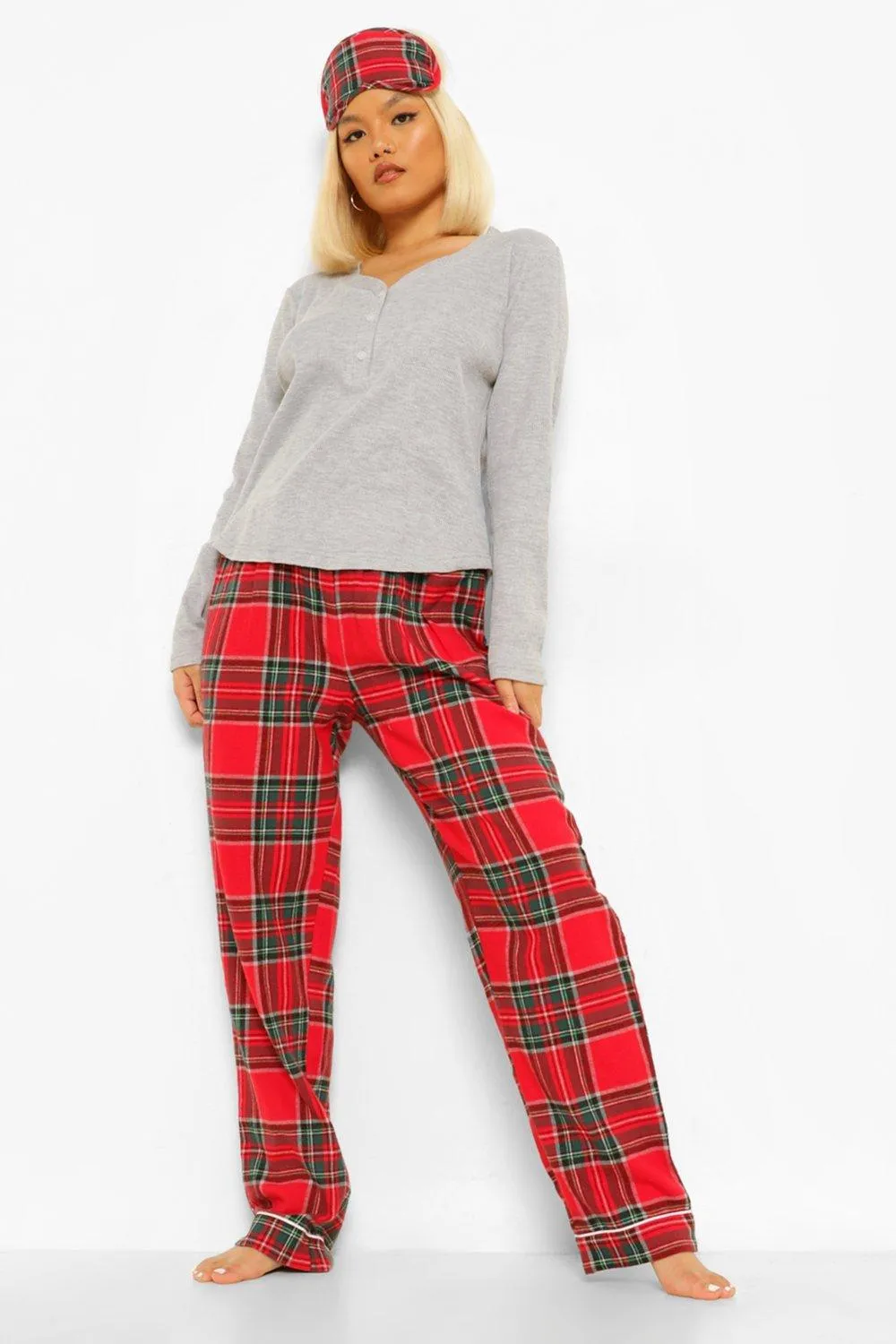 Petite Check 3 Piece Pants And Eye Mask Pj Set