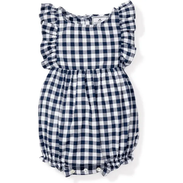 Petite Plume Ruffled Romper, Navy Gingham