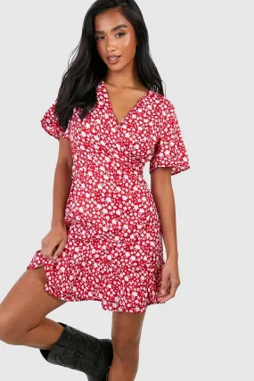 Petite Woven Floral Print Wrap Tea Dress