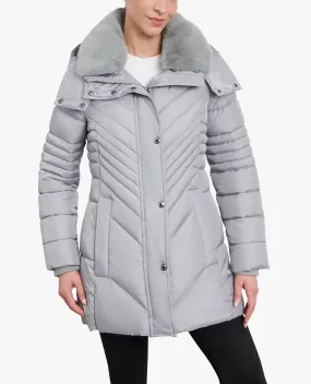 PETITE ZIP-FRONT HOODED PUFFER JACKET WITH BUTTON-OFF FUR COLLAR