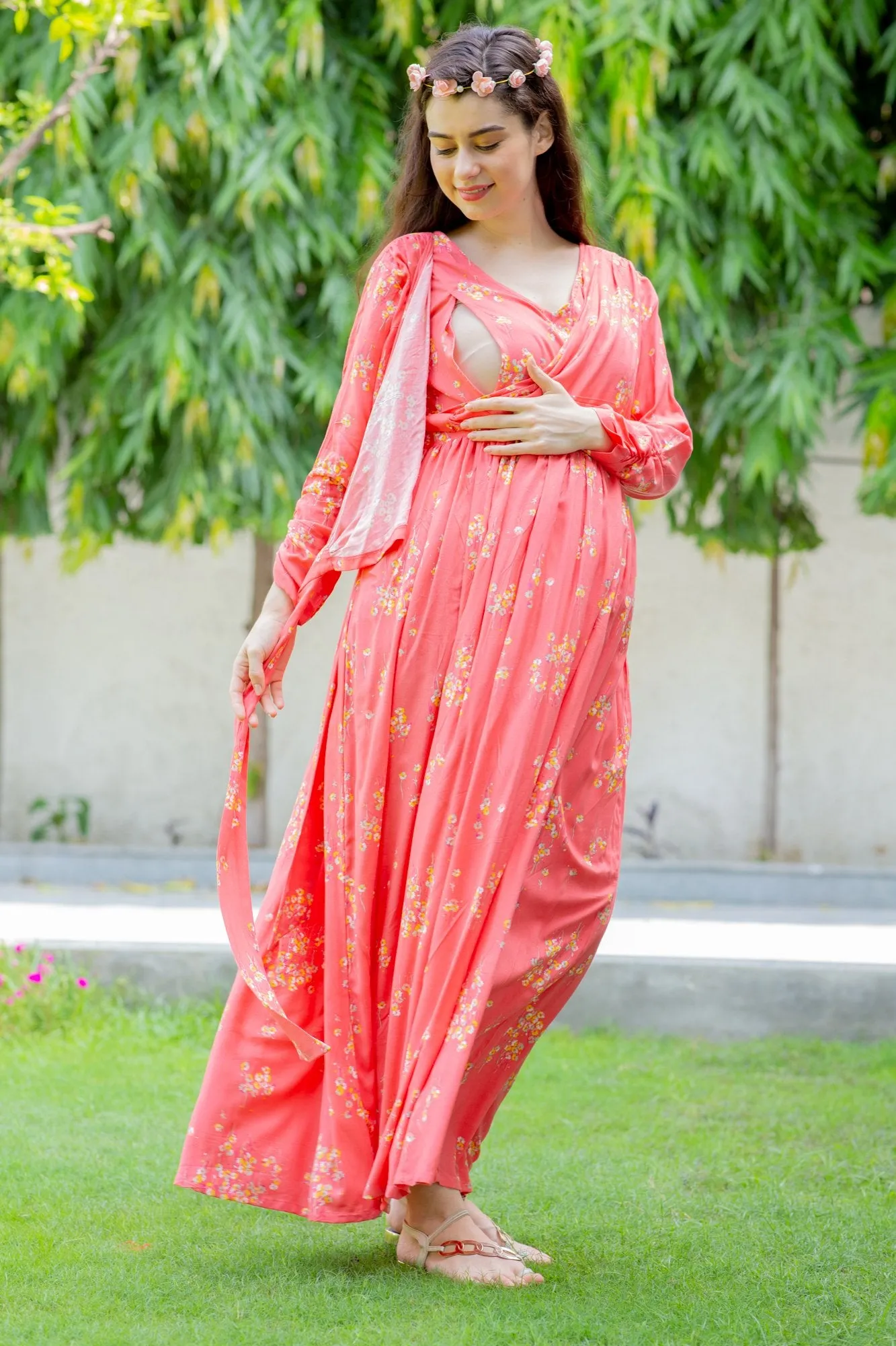 Pink Blush Floral Maternity & Nursing Wrap Dress