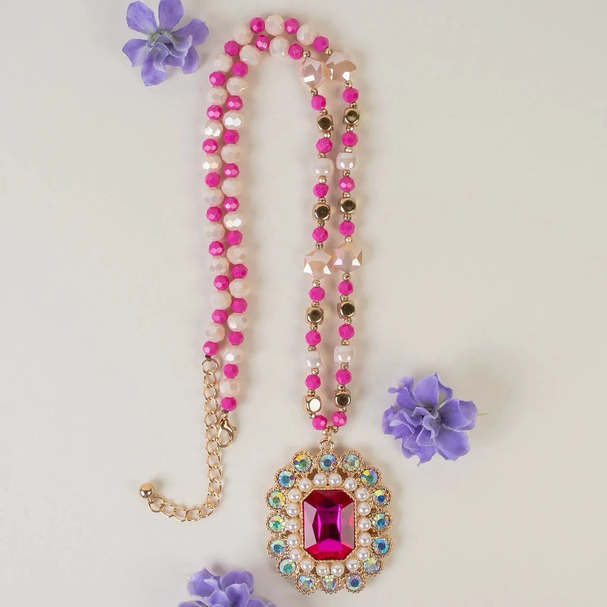 Pink Crystal necklace with bling ornate pendant