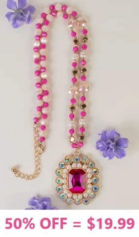 Pink Crystal necklace with bling ornate pendant