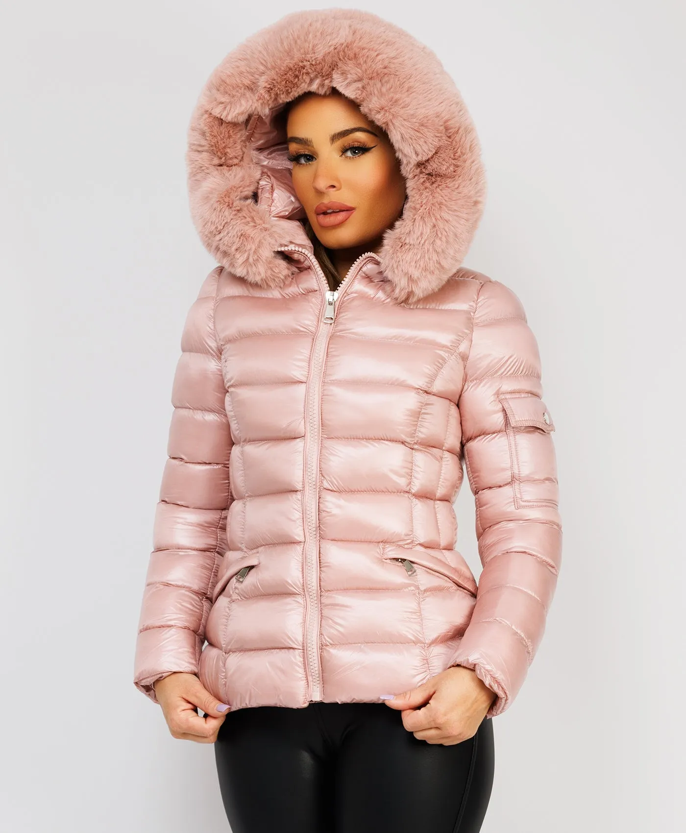 Pink Wet Look Shiny Puffer Jacket with Faux Fur Hood