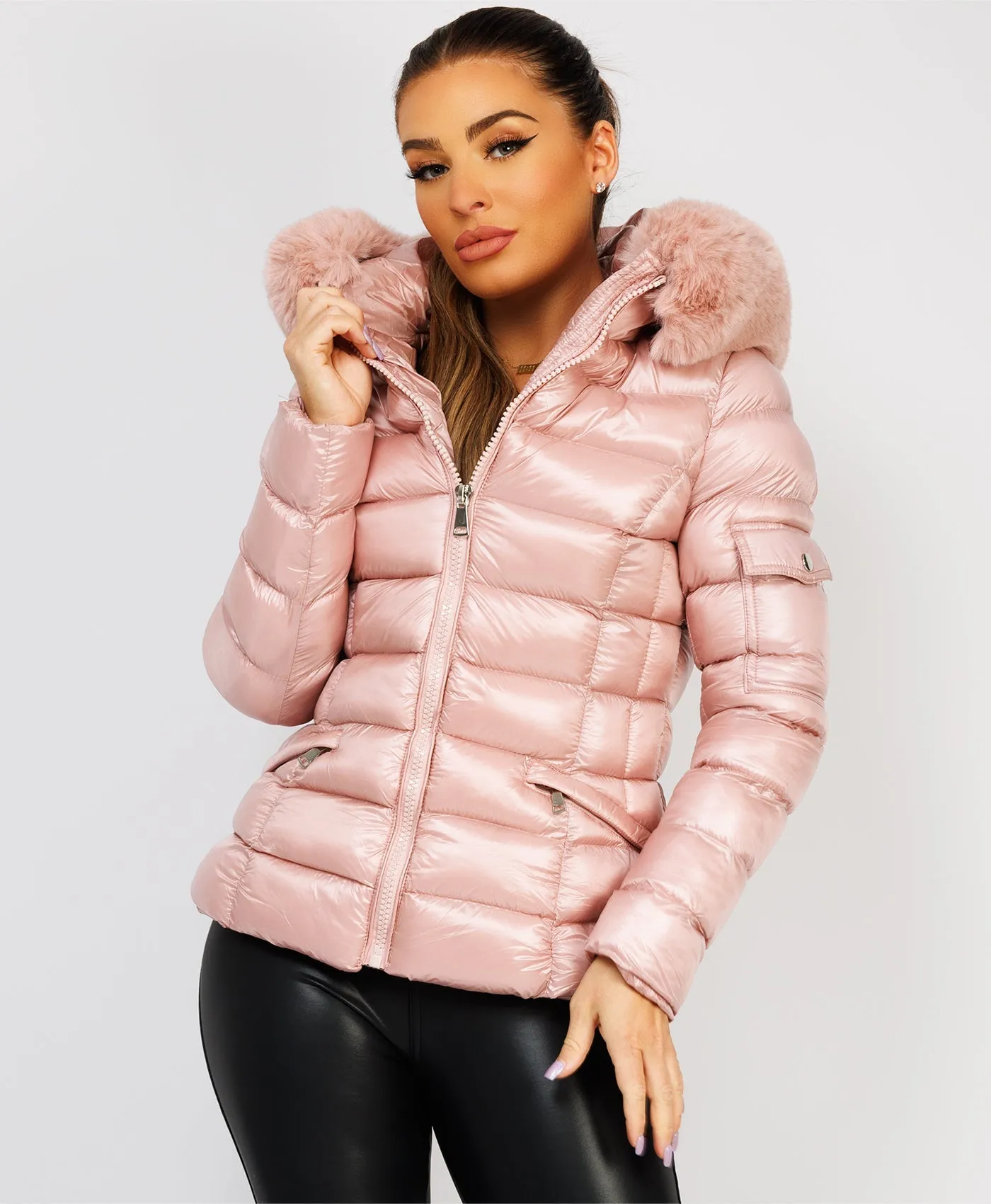 Pink Wet Look Shiny Puffer Jacket with Faux Fur Hood