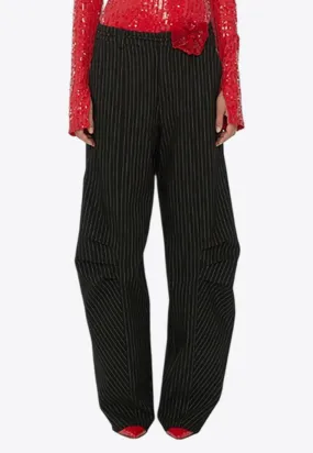 Pinstriped Cargo Pants with Floral Applique