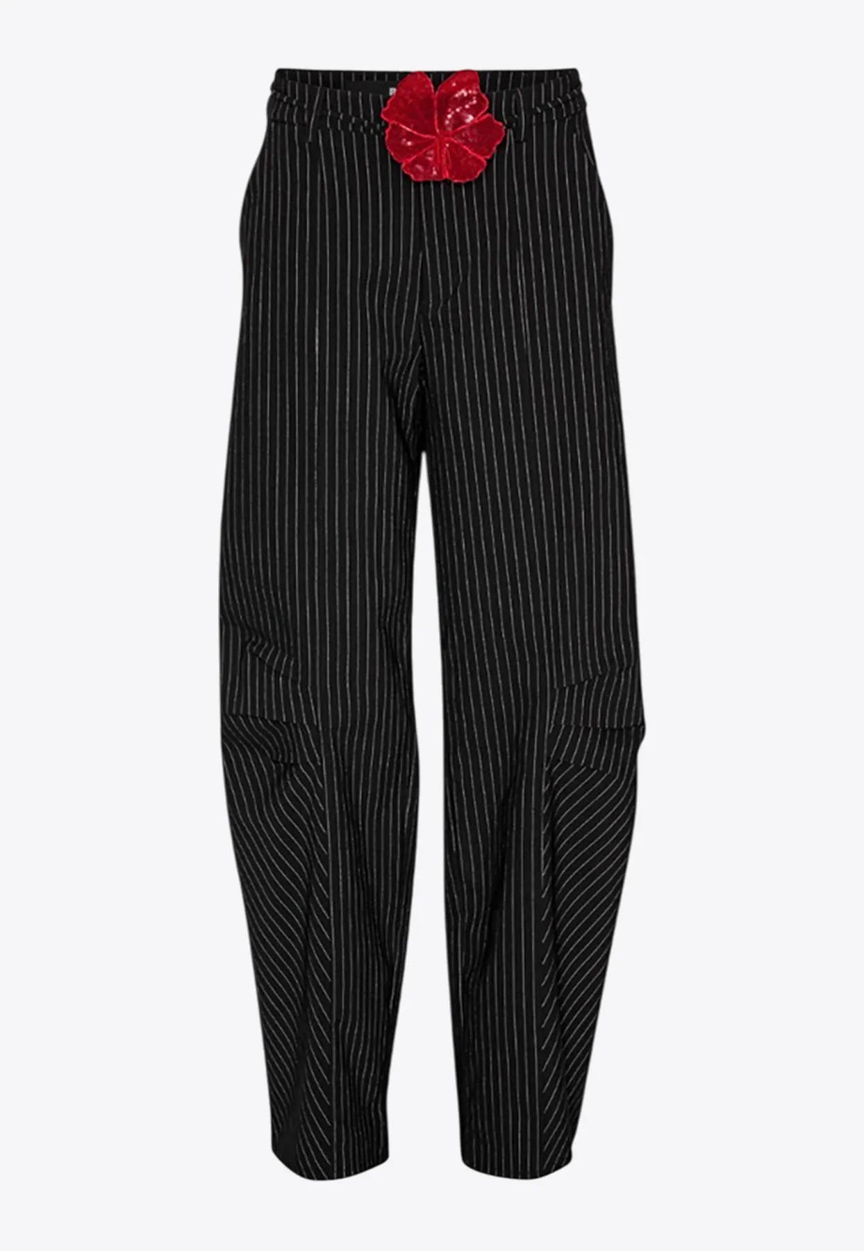 Pinstriped Cargo Pants with Floral Applique