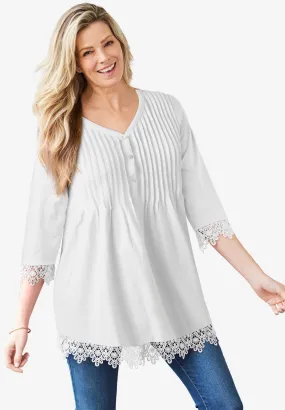 Pintuck Henley Crochet Trim Tunic