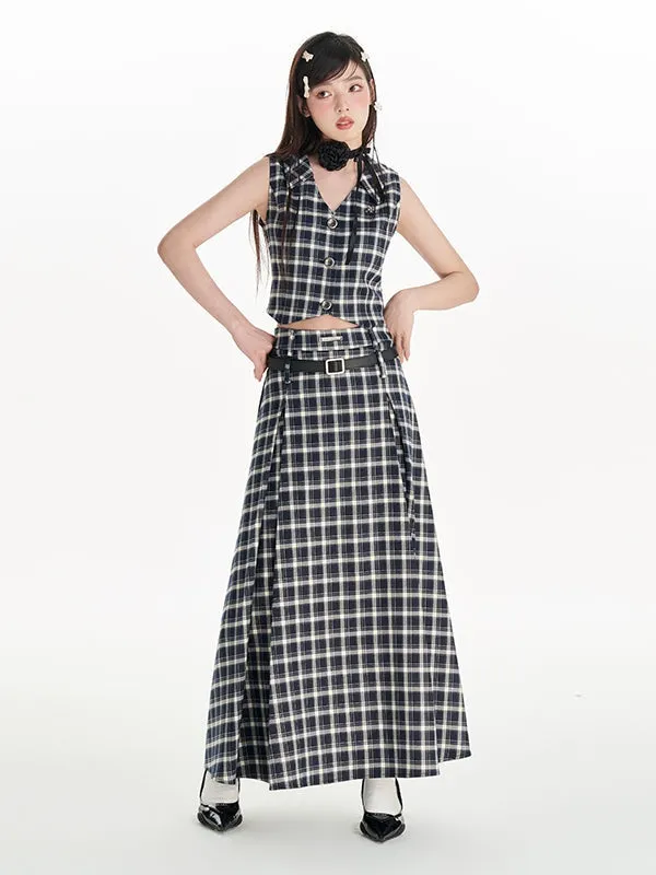 Plaid Short Vest & High Waist A-line Long Skirt