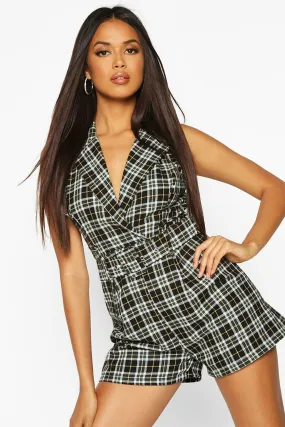 Plaid Sleeveless Tailored Belted Romper