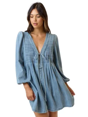 Pleated Front Tie Denim Romper