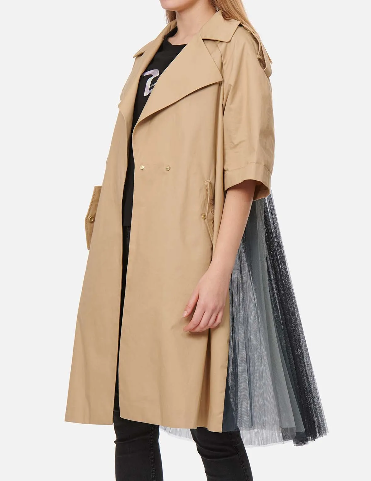 Pleated-Mesh Panelled Trench Jacket