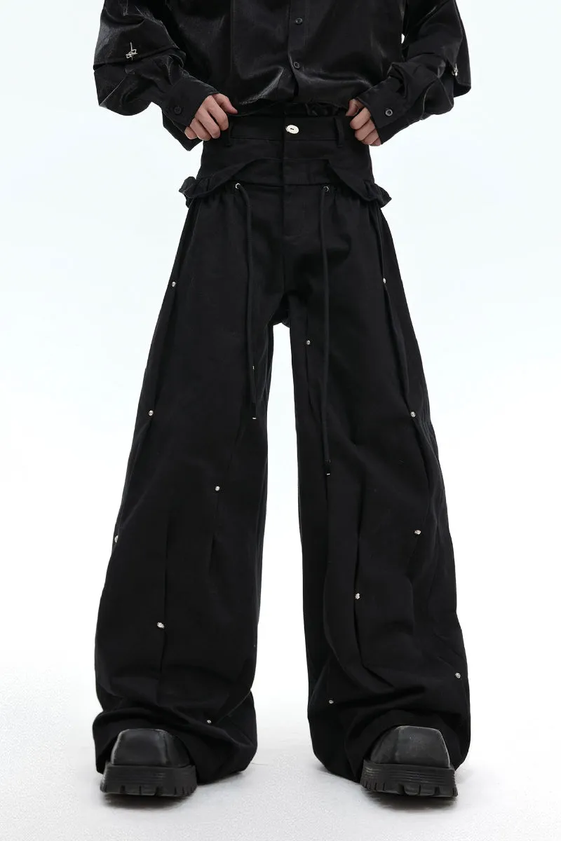 Pleated Studded Wide-Leg Cargo Pants