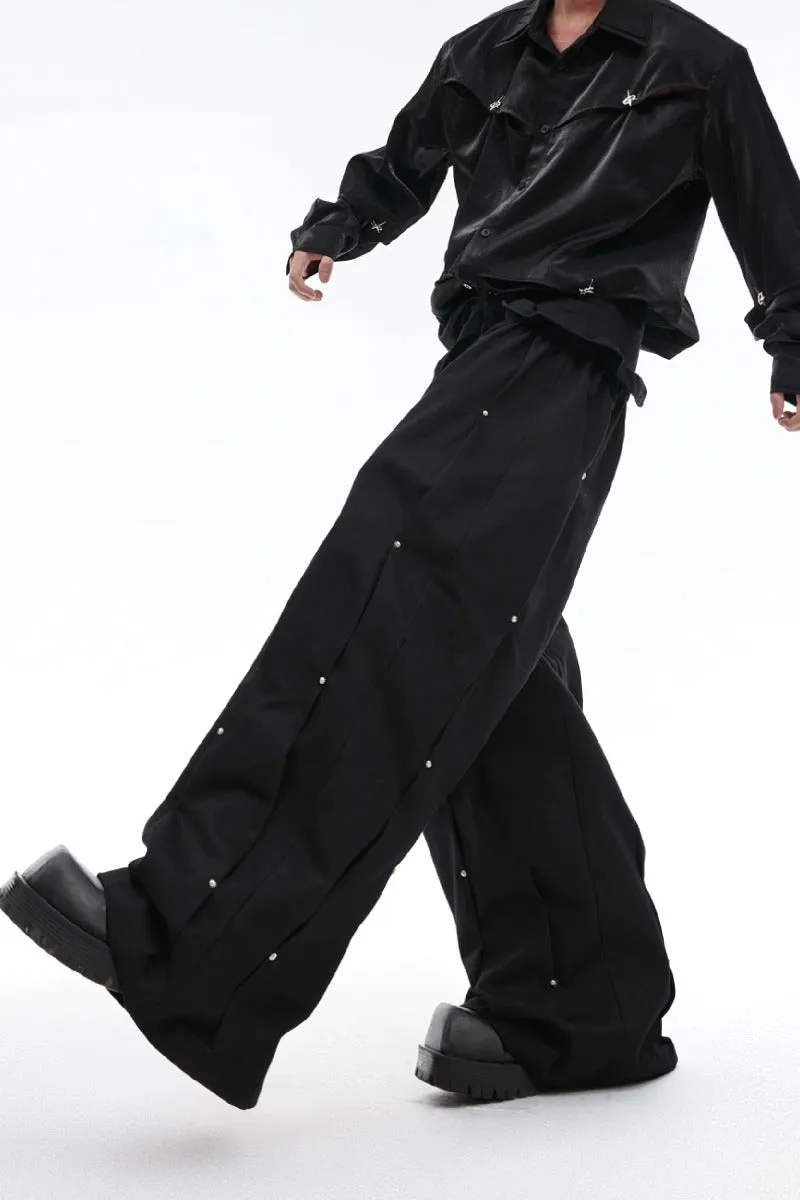 Pleated Studded Wide-Leg Cargo Pants