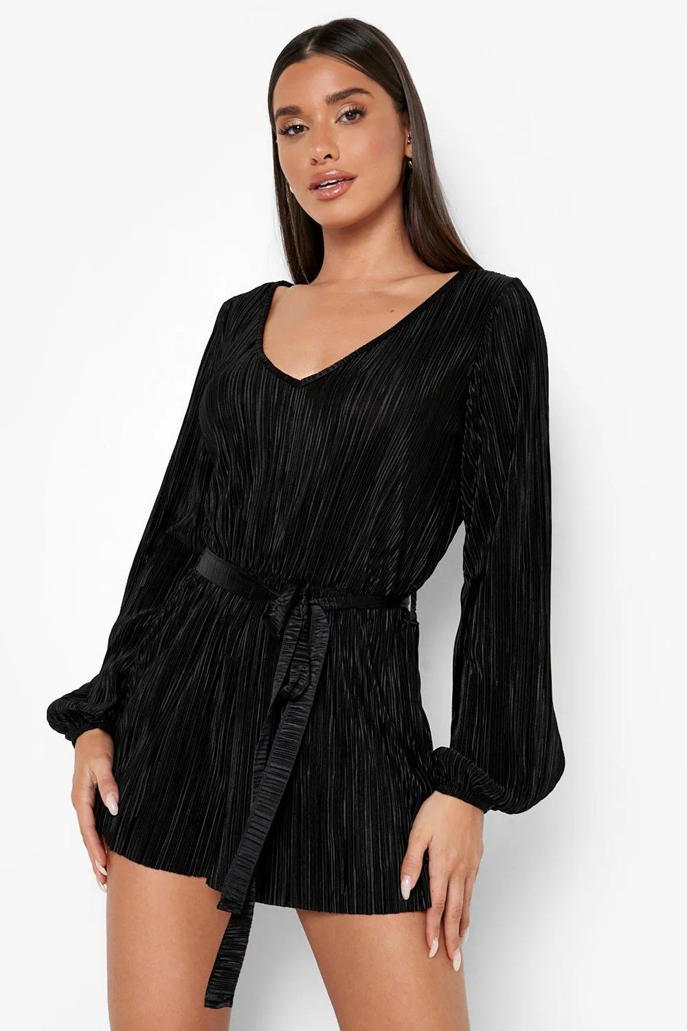 Plisse Flare Sleeve Belted Romper