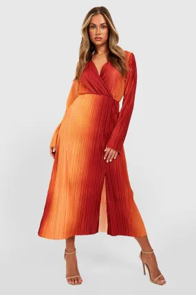 Plisse Ombre Wrap Midi Dress