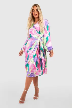 Plus Floral Print Wrap Midi Dress