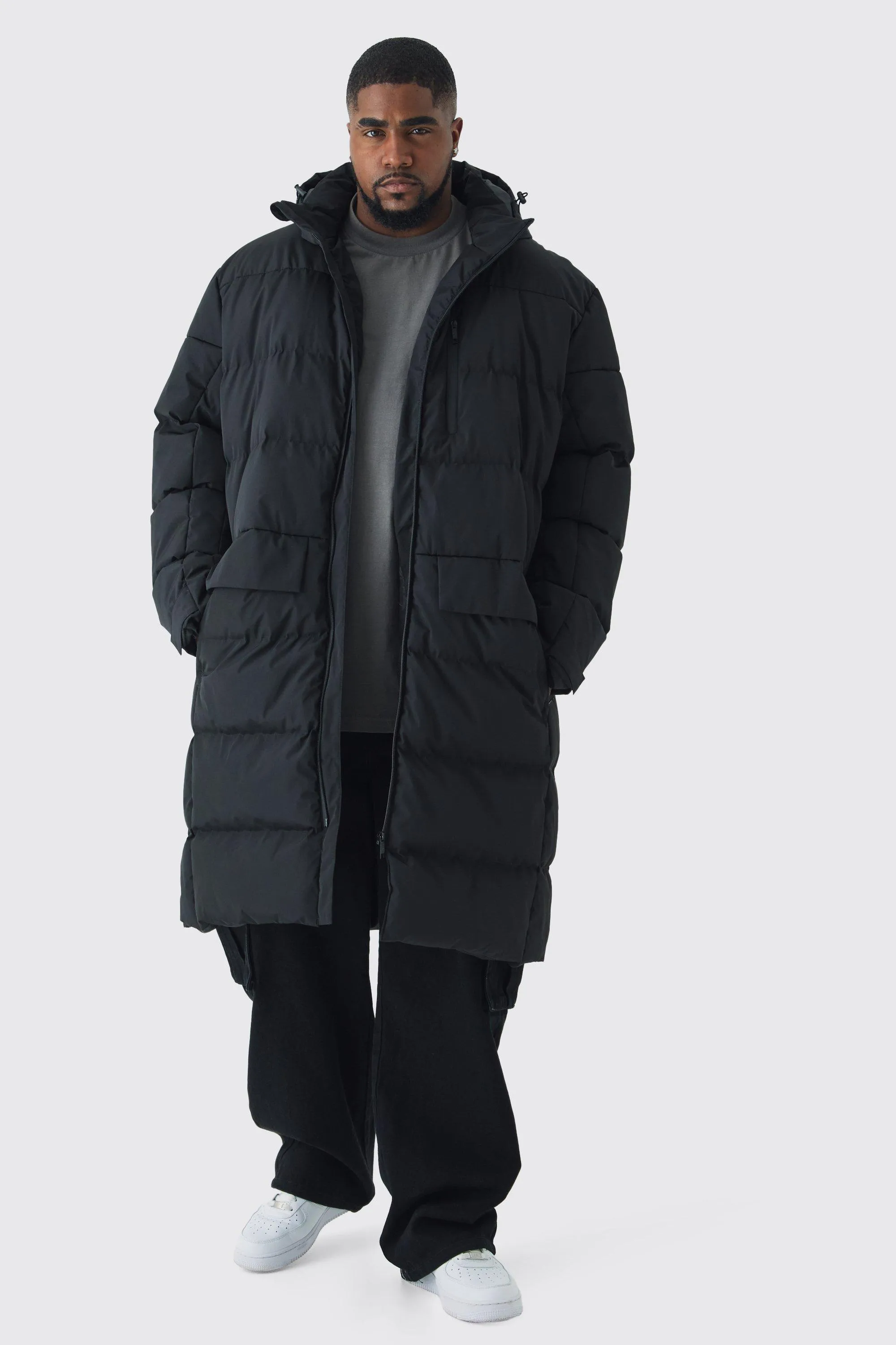 Plus Mid Length Hooded Puffer Jacket In Black