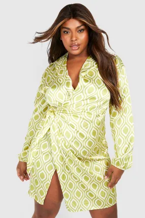 Plus Satin Geo Print Wrap Mini Dress