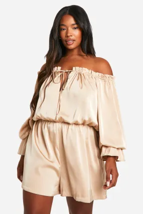 Plus Satin Off Shoulder Skater Romper