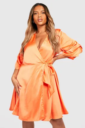 Plus Satin Ruched Sleeve Wrap Dress