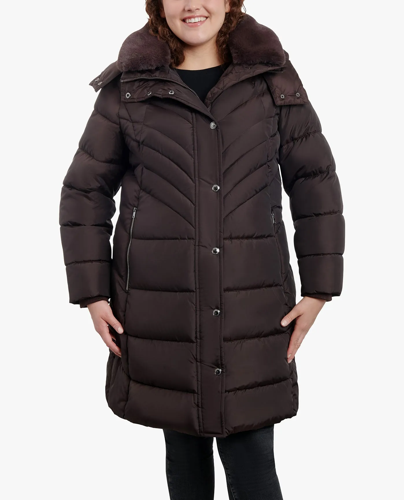 PLUS SIZE ZIP-FRONT HOODED HEAVY WEIGHT PUFFER JACKET WITH BUTTON-OFF FUR COLLAR