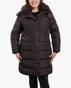 PLUS SIZE ZIP-FRONT HOODED HEAVY WEIGHT PUFFER JACKET WITH BUTTON-OFF FUR COLLAR