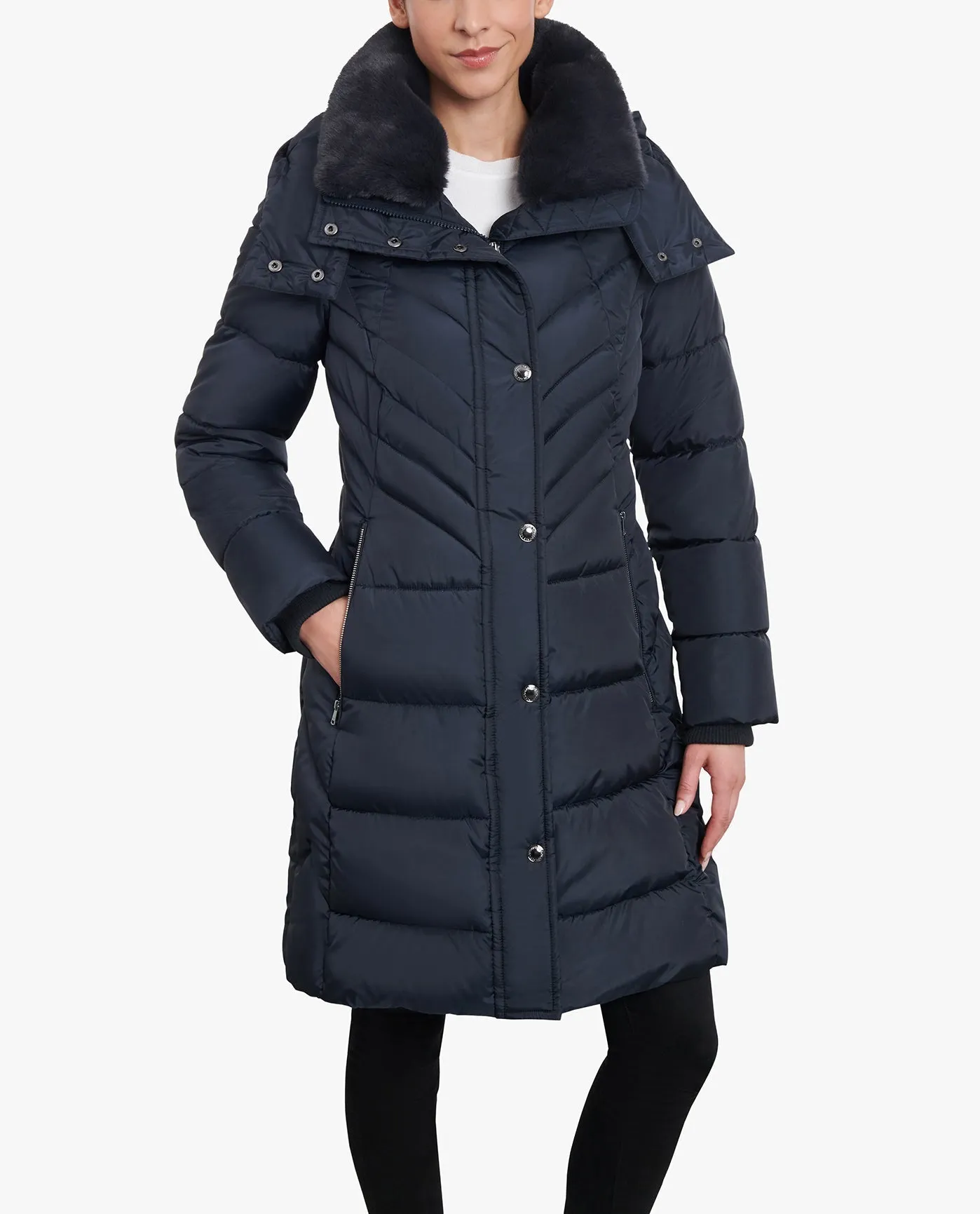 PLUS SIZE ZIP-FRONT HOODED HEAVY WEIGHT PUFFER JACKET WITH BUTTON-OFF FUR COLLAR