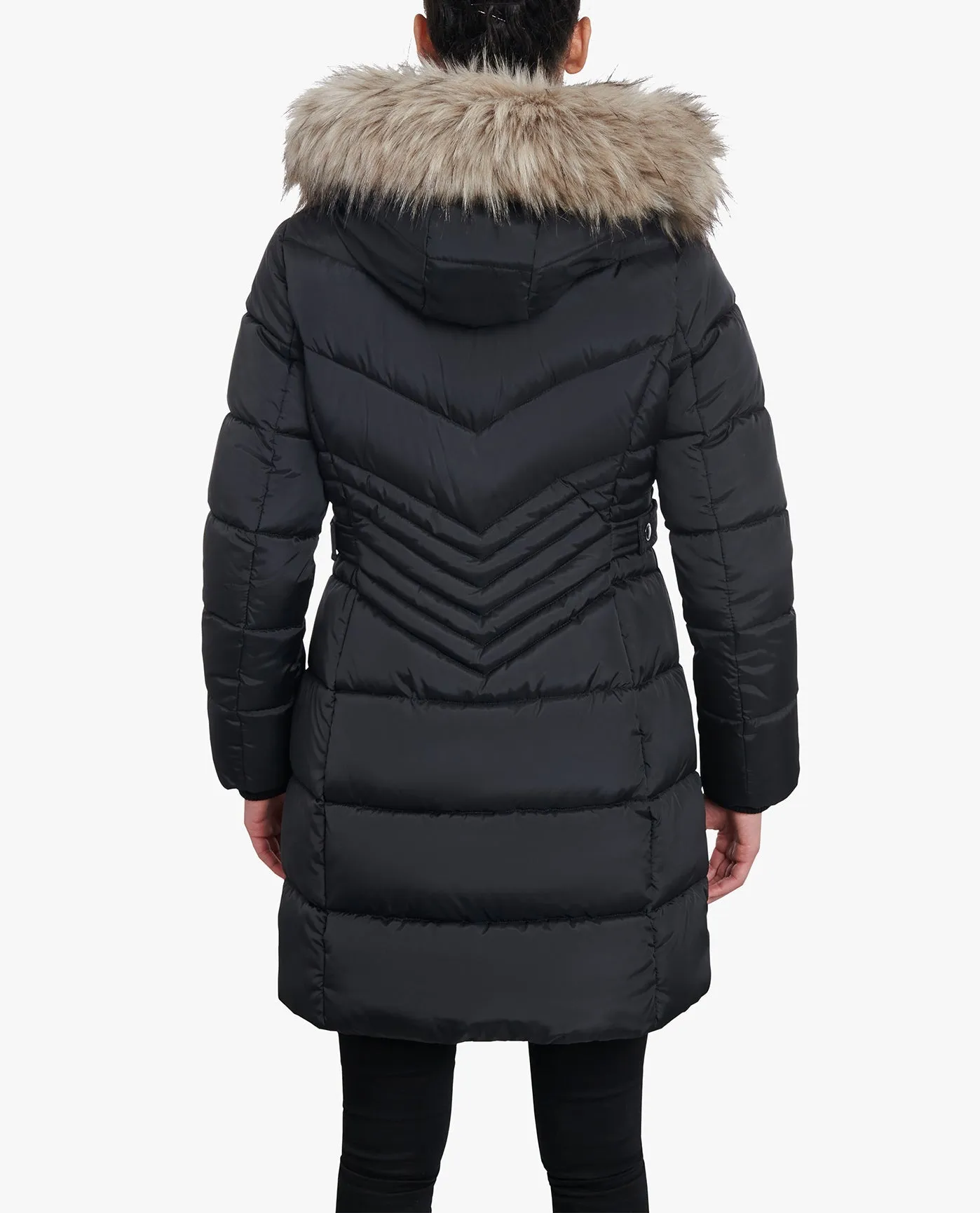 PLUS SIZE ZIP-FRONT LONG LENGTH PUFFER JACKET WITH ZIP-OFF FUR TRIM HOOD