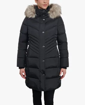 PLUS SIZE ZIP-FRONT LONG LENGTH PUFFER JACKET WITH ZIP-OFF FUR TRIM HOOD