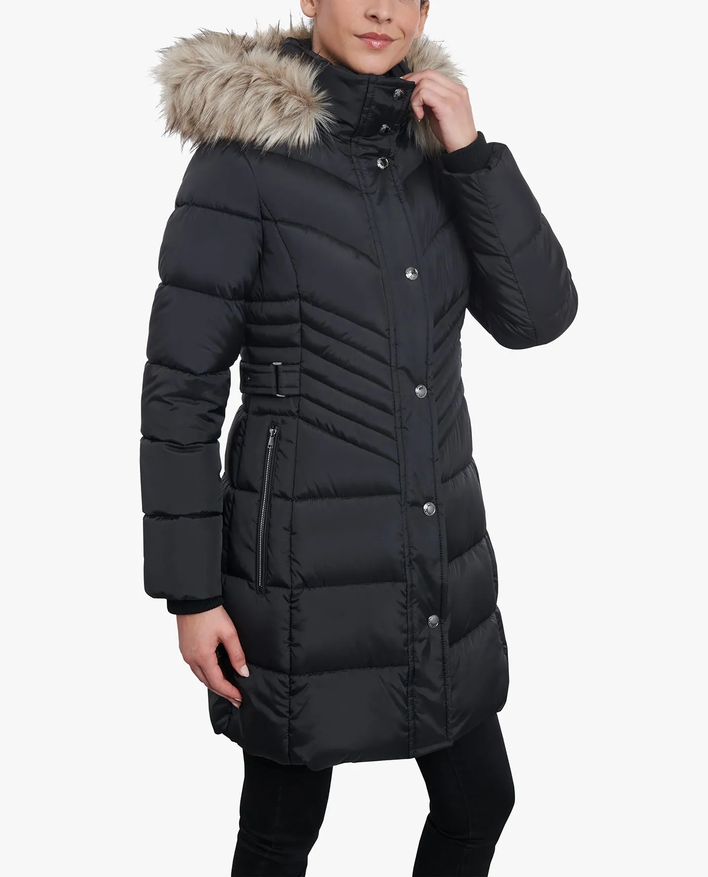 PLUS SIZE ZIP-FRONT LONG LENGTH PUFFER JACKET WITH ZIP-OFF FUR TRIM HOOD