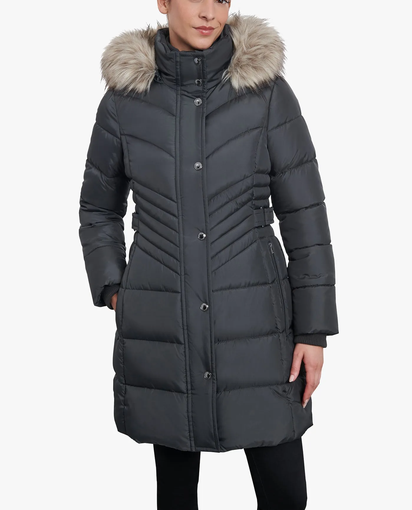 PLUS SIZE ZIP-FRONT LONG LENGTH PUFFER JACKET WITH ZIP-OFF FUR TRIM HOOD