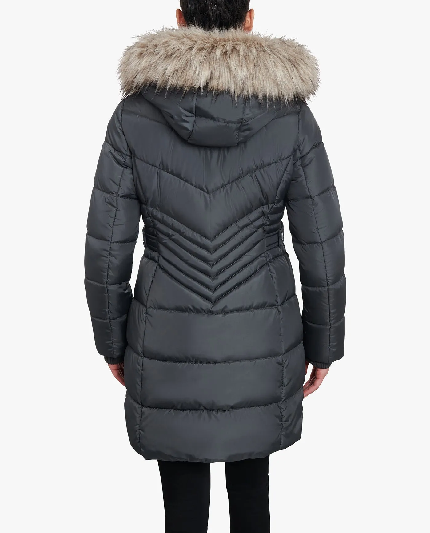 PLUS SIZE ZIP-FRONT LONG LENGTH PUFFER JACKET WITH ZIP-OFF FUR TRIM HOOD