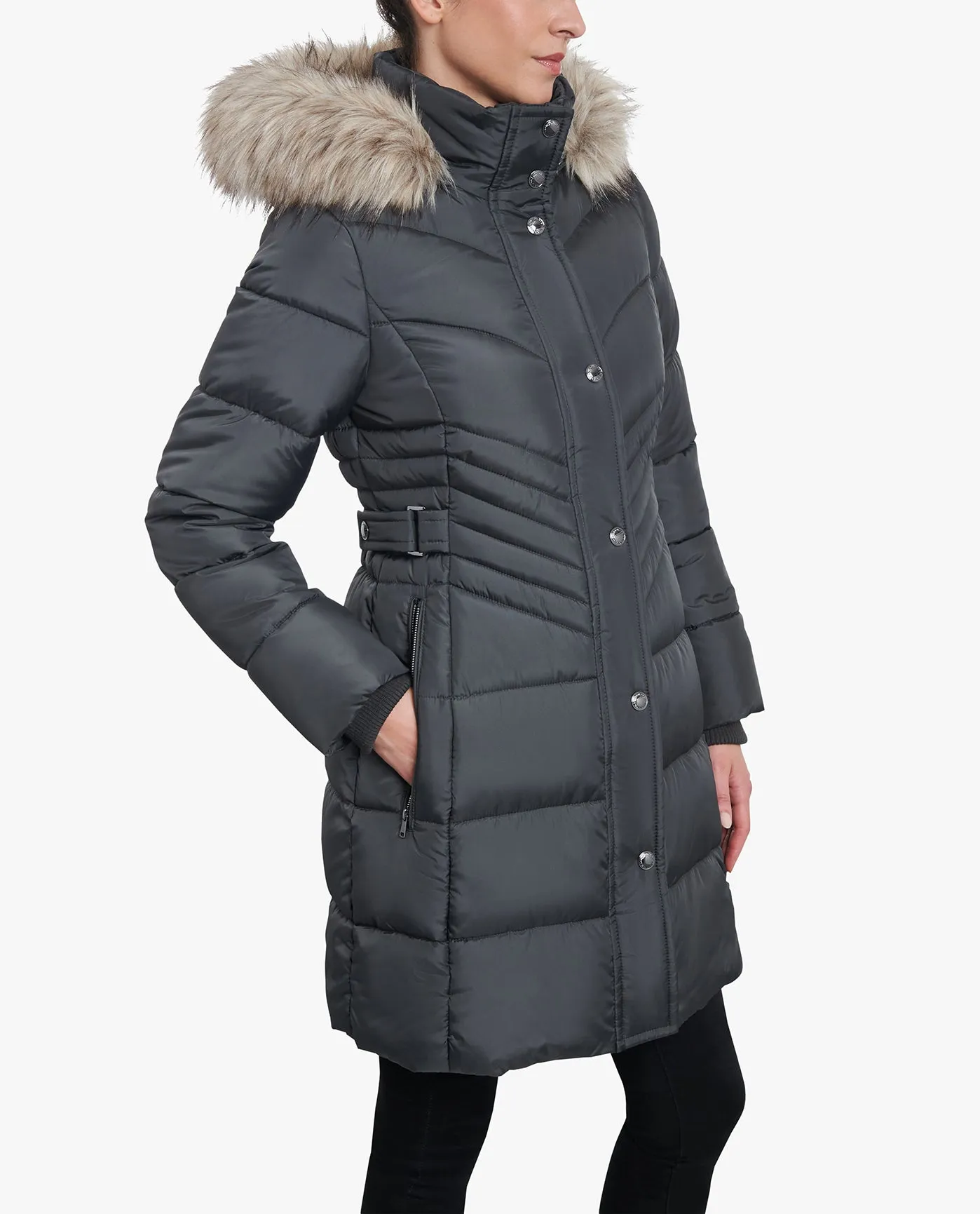 PLUS SIZE ZIP-FRONT LONG LENGTH PUFFER JACKET WITH ZIP-OFF FUR TRIM HOOD