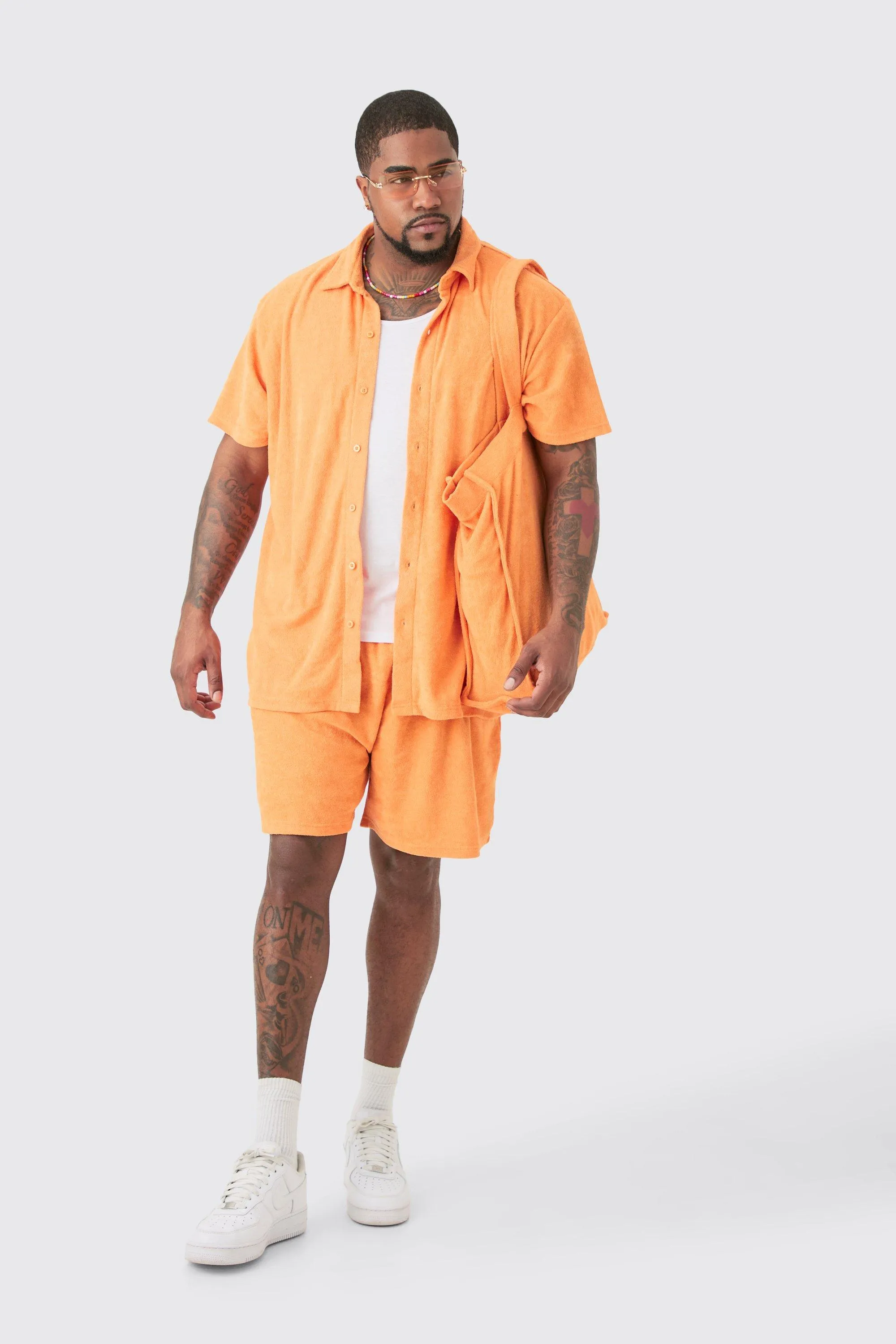 Plus Towelling Shirt & Short Set With Tote Bag | boohooMAN UK