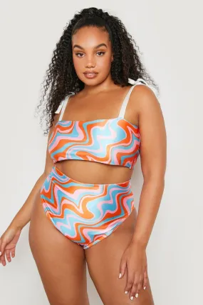 Plus Wave Print Tie Shoulder Bikini