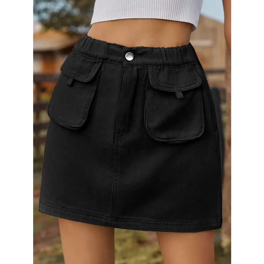 Pocketed Elastic Waist Denim Skirt